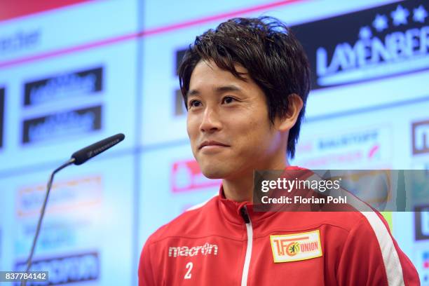 Atsuto Uchida of 1.FC Union Berlin speaks during the presentation on august 23, 2017 in Berlin, Germany.