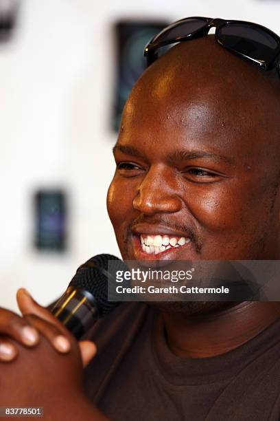 Singer Hip Hop Pantsula or HHP speaks during the MTV Africa Music Awards 2008 Press Conference at the Abuja Hilton Hotel on November 21, 2008 in...