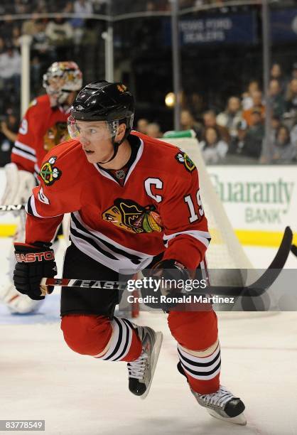 Center Jonathan Toews of the Chicago Blackhawks during play against the Dallas Stars at the American Airlines Center on November 20, 2008 in Dallas,...