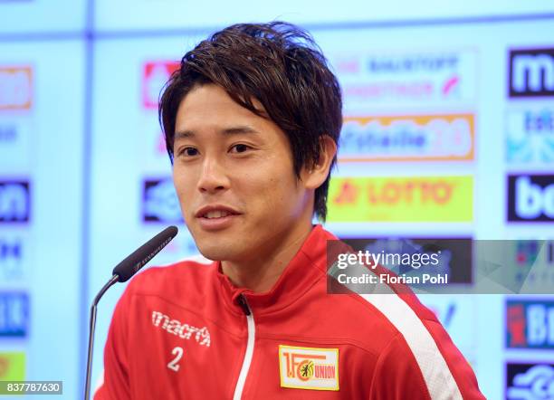 Atsuto Uchida of 1.FC Union Berlin speaks during the presentation on august 23, 2017 in Berlin, Germany.