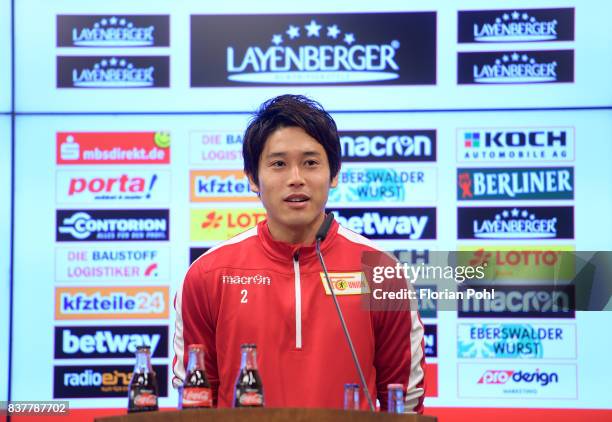 Atsuto Uchida of 1.FC Union Berlin speaks during the presentation on august 23, 2017 in Berlin, Germany.