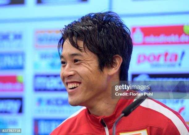 Atsuto Uchida of 1.FC Union Berlin smiles during the presentation on august 23, 2017 in Berlin, Germany.