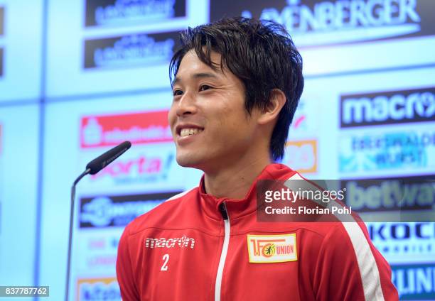 Atsuto Uchida of 1.FC Union Berlin smiles during the presentation on august 23, 2017 in Berlin, Germany.