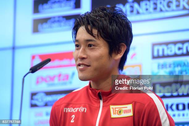 Atsuto Uchida of 1.FC Union Berlin speaks during the presentation on august 23, 2017 in Berlin, Germany.