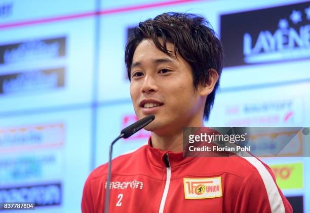 Atsuto Uchida of 1.FC Union Berlin speaks during the presentation on august 23, 2017 in Berlin, Germany.