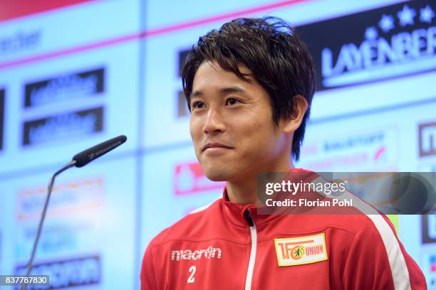 Atsuto Uchida of 1.FC Union Berlin speaks during the presentation on august 23, 2017 in Berlin, Germany.