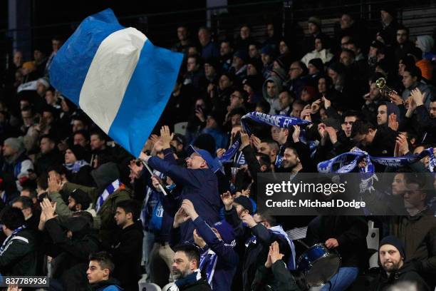 South Melbourne fans celebrate their win during the FFA Cup round of 16 match between between South Melbourne FC and Sorrento FC at Lakeside Stadium...