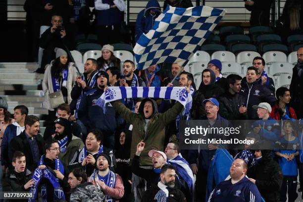 South Melbourne fans celebrate their win during the FFA Cup round of 16 match between between South Melbourne FC and Sorrento FC at Lakeside Stadium...