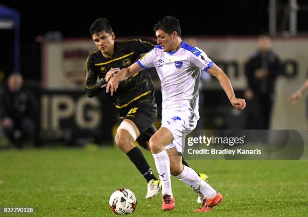 Riley Dillon of Gold Coast City in action during the FFA Cup round of 16 match between Moreton Bay United and Gold Coast City at Wolter Park on...