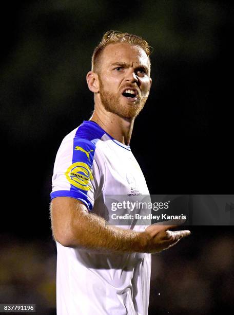 Justyn McKay of Gold Coast City reacts during the FFA Cup round of 16 match between Moreton Bay United and Gold Coast City at Wolter Park on August...