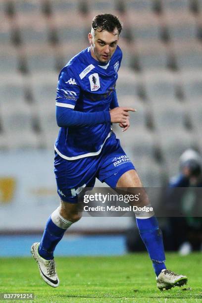 Milos Ludic of South Melbourne during the FFA Cup round of 16 match between between South Melbourne FC and Sorrento FC at Lakeside Stadium on August...