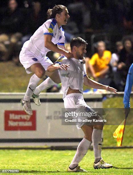 Sam Smith Gold Coast City celebrates scoring a goal during the FFA Cup round of 16 match between Moreton Bay United and Gold Coast City at Wolter...