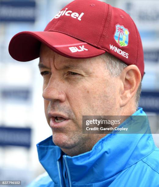 West Indies caoch Stuart Law speaks to the media during a press conference at Headingley on August 23, 2017 in Leeds, England.