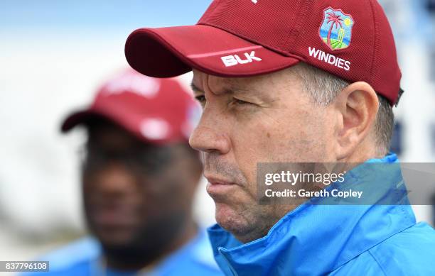 West Indies caoch Stuart Law speaks to the media during a press conference at Headingley on August 23, 2017 in Leeds, England.