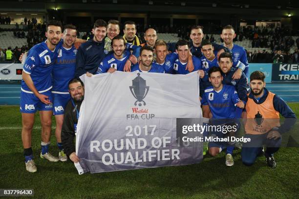 South Melbourne players celebrate their win during the FFA Cup round of 16 match between between South Melbourne FC and Sorrento FC at Lakeside...