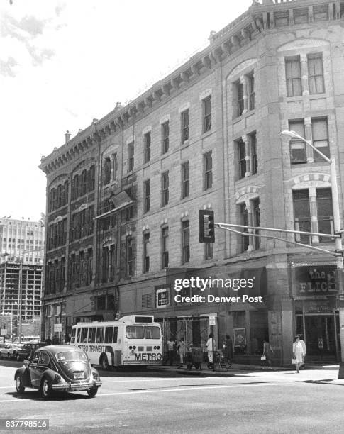 Building constructed in 1882 shows signs of sandblasting. The work has uncovered its rosy-color in Denver City. Credit: Denver Post