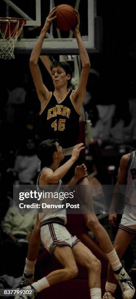 Special To The Denver Post--Authorizing Editor: John Epperson--Emery High School Center Shawn Bradley rebounds during Utah State 2A basketball...
