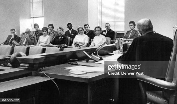 District Judge Ed Keating Instructs 1963 Denver County Grand Jury Tuesday Back row, from left, are Mrs. Mildred J. Hicks, Mrs. Marie C. Harvey, Lloyd...