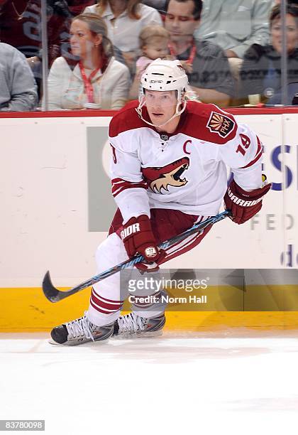 Shane Doan of the Phoenix Coyotes looks to receive a pass from a teammate against the Chicago Blackhawks on November 18, 2008 at Jobing.com Arena in...