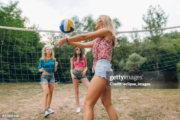 vrienden volleyballen op openbaar park - volleyball park stockfoto's en -beelden