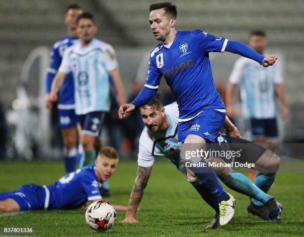 Matthew Foschini of South Melbourne controls the ball during the FFA Cup round of 16 match between between South Melbourne FC and Sorrento FC at...