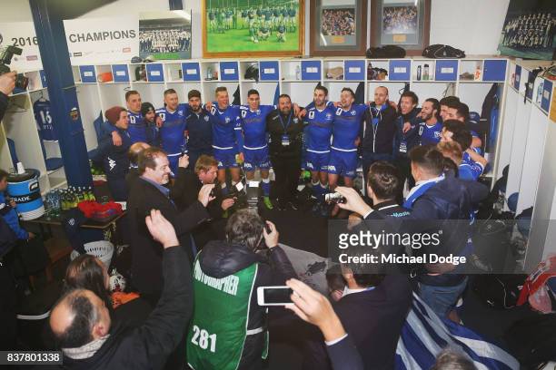South Melbourne players celebrate their win during the FFA Cup round of 16 match between between South Melbourne FC and Sorrento FC at Lakeside...