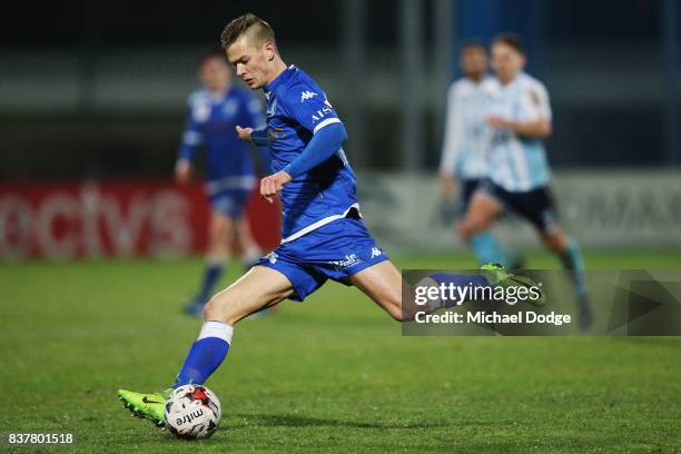 Marcus Schroen of South Melbourne kicks the ball during the FFA Cup round of 16 match between between South Melbourne FC and Sorrento FC at Lakeside...