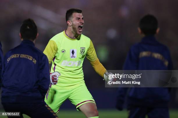 Sydney United 58 FC goalkeeper Thomas Manos celebrates the goal to Adrian Vranic of Sydney United 58 FC in extra time during the FFA Cup round of 16...