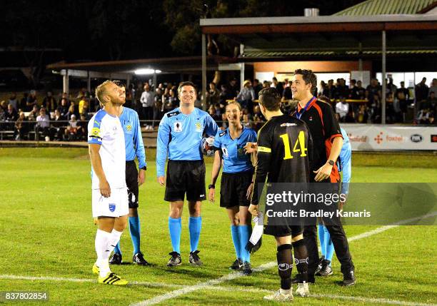 The Coin toss before the FFA Cup round of 16 match between Moreton Bay United and Gold Coast City at Wolter Park on August 23, 2017 in Brisbane,...