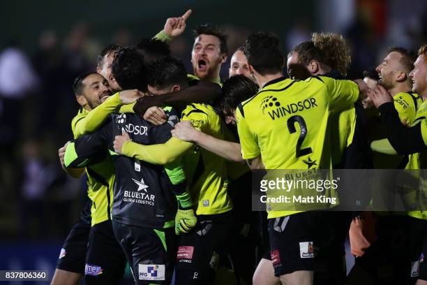 Heidleberg United celebrate victory after the penalty shoot out during the FFA Cup round of 16 match between Sydney United 58 FC and Heidleberg...