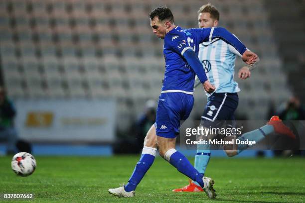 Milos Ludic of South Melbourne kicks the ball towards goal during the FFA Cup round of 16 match between between South Melbourne FC and Sorrento FC at...