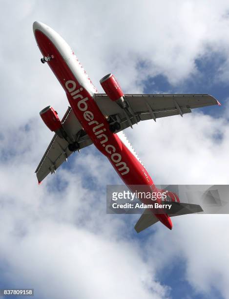 An Air Berlin airplane lands at Tegel Airport on August 23, 2017 in Berlin, Germany. Air Berlin's creditors are meeting to discuss acquisition of the...