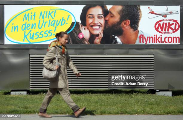 An advertisement for the airline Niki is seen at Tegel Airport on August 23, 2017 in Berlin, Germany. Air Berlin's creditors are meeting to discuss...