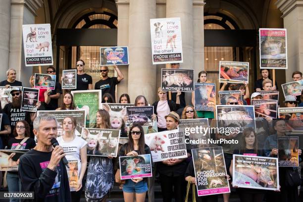 Melbourne, Australia, 18 march 2017. Vegan activist protest against animal s violence in the central business district. Melbourne is ranked as the...