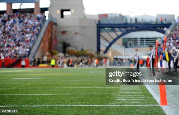 General view of the goal line before a game between the New England Patriots and the Buffalo Bills on November 9, 2008 at Gillette Stadium in...