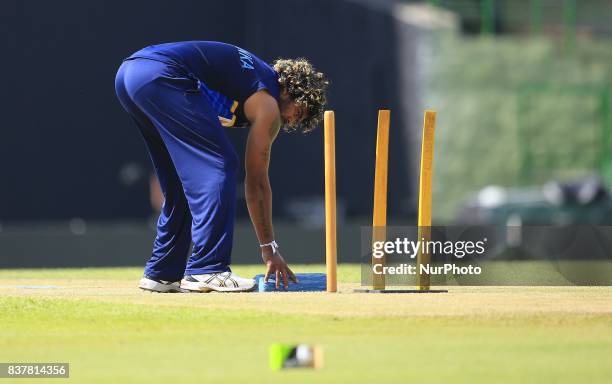 Sri Lankan cricketer Lasith Malinga during a practice session ahead of the 2nd ODI cricket match between Sri Lanka and India at Pallekele...