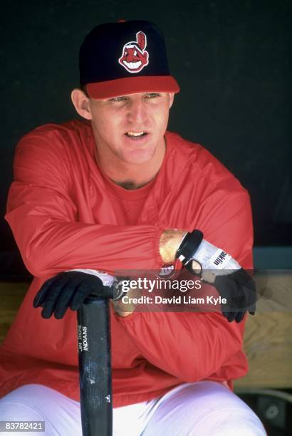 Portrait of Cleveland Indians Jim Thome before game, in dugout vs Detroit Tigers. Cleveland, OH 5/18/1994 CREDIT: David Liam Kyle