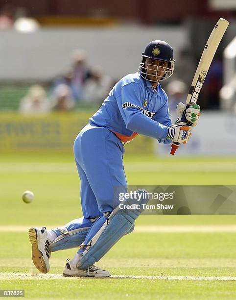 Sourav Ganguly of India hits out during the one day tour match between Kent and India at Canterbury on June 24, 2002.