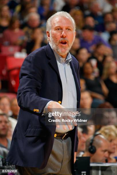 Head coach Gregg Popovich of the San Antonio Spurs calls a play during the game against the Sacramento Kings on November 16, 2008 at Arco Arena in...