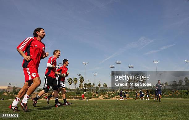 Goalkeeper Coach Des McAleenan, Caleb Patterson-Sewell and Danny Cepero of the New York Red Bulls run drills on the practice fields of The Home Depot...