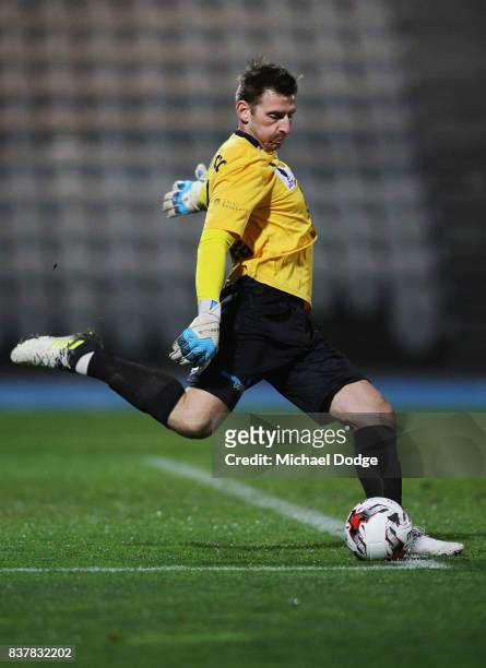 Goalkeeper James Morgan of Sorrento kicks the ball during the FFA Cup round of 16 match between between South Melbourne FC and Sorrento FC at...