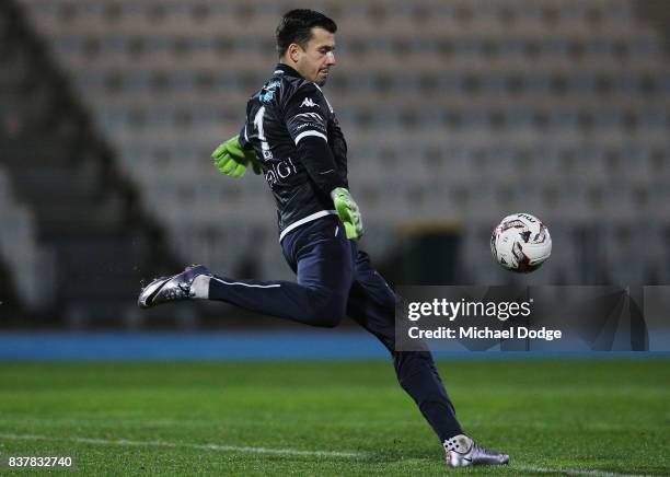 Nikola Roganovic of South Melbourne kicks the ball during the FFA Cup round of 16 match between between South Melbourne FC and Sorrento FC at...