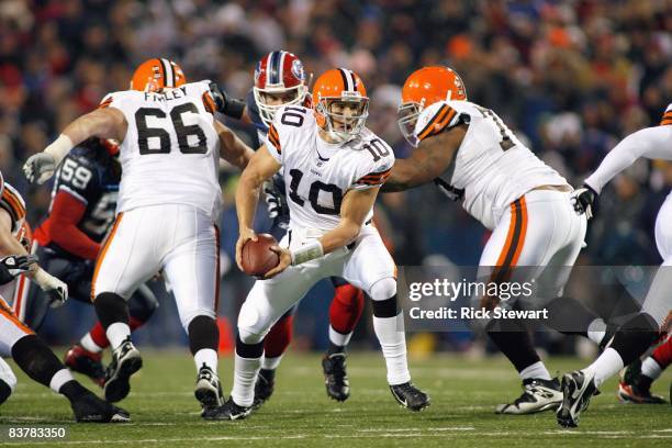 Quarterback Brady Quinn of the Cleveland Browns passes the ball during the game against the Buffalo Bills at Ralph Wilson Stadium on November 17,...