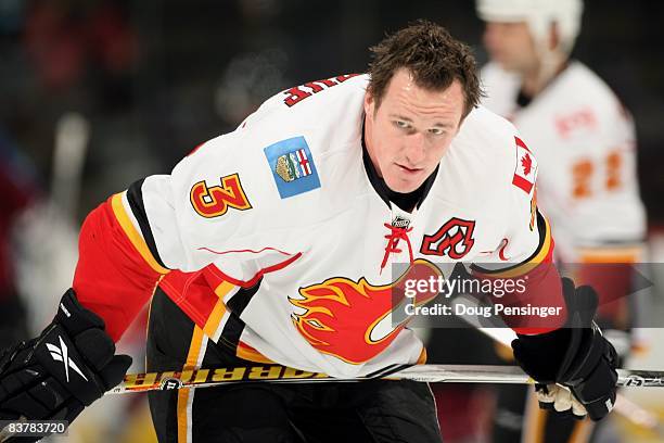 Dion Phaneuf of the Calgary Flames warms up prior to facing the Colorado Avalanche during NHL action at the Pepsi Center on November 20, 2008 in...