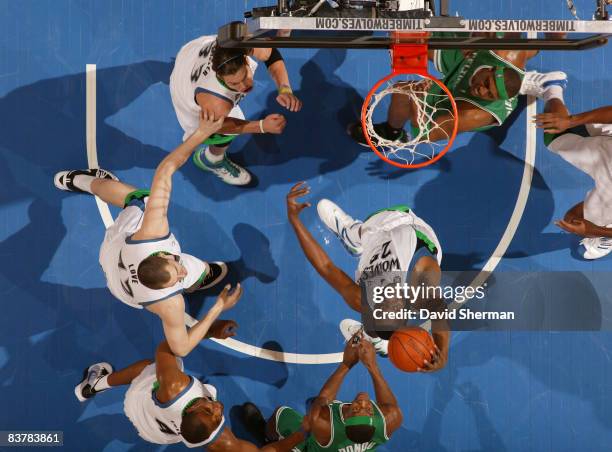 Al Jefferson of the Minnesota Timberwolves goes up for a shot against the Boston Celtics during the game on November 21, 2008 at the Target Center in...