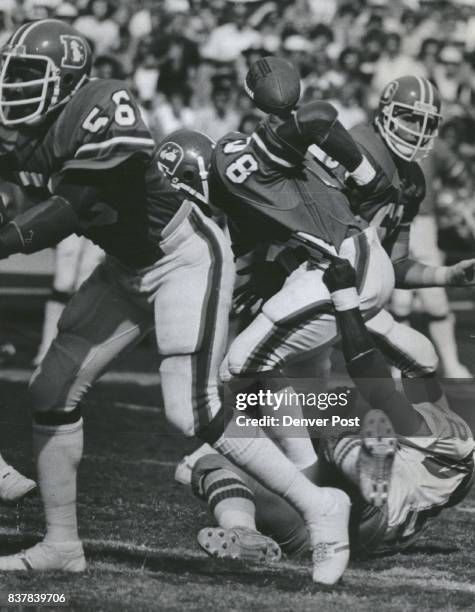 Pop Goes The Ball as Broncos' Rick Upchurch is hit on Kickoff Return Upchurch returned second-half kickoff 30 yards, but ball was stripped away and...