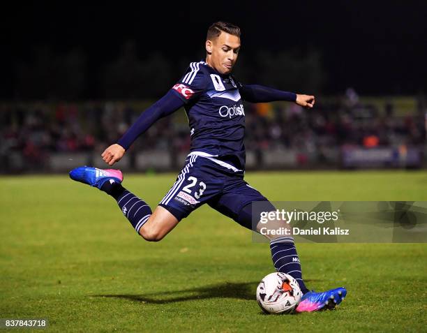 Jai Ingham of the Victory strikes the ball during the round of 16 FFA Cup match between Adelaide United and Melbourne Victory at Marden Sports...