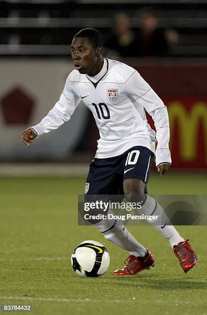 Freddy Adu of the USA controls the ball against Guatemala during their semifinal round FIFA World Cup qualifier match at Dick's Sporting Goods Park...