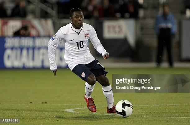 Freddy Adu of the USA controls the ball against Guatemala during their semifinal round FIFA World Cup qualifier match at Dick's Sporting Goods Park...
