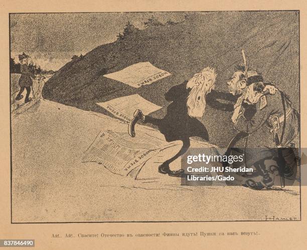 Cartoon of an old man running, panicked, towards two soldiers, screaming "Help, the motherland is in jeopardy, Finns are coming and aiming their...